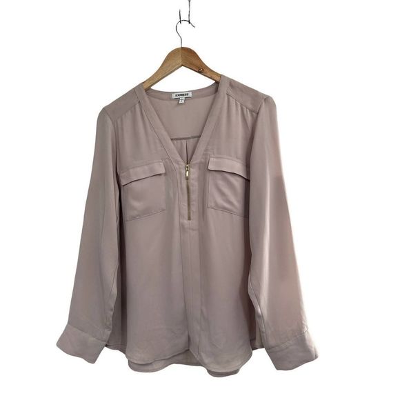 Express Beige V Neck Half Zip Roll Tab Sleeve Shirt Large - Picture 1 of 10